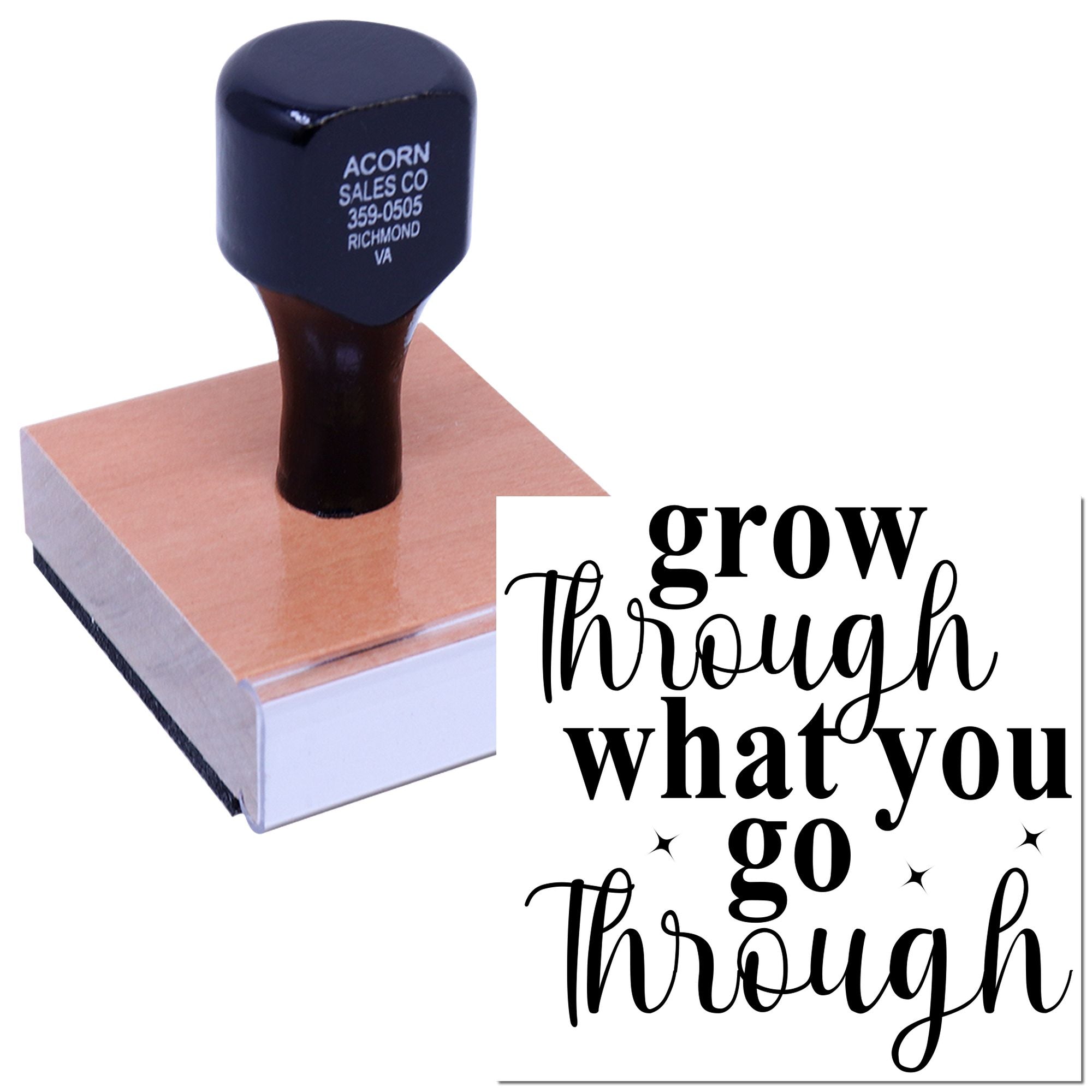 Custom rubber stamp with motivational quote Grow through what you go through for crafting, journaling, and handmade projects.