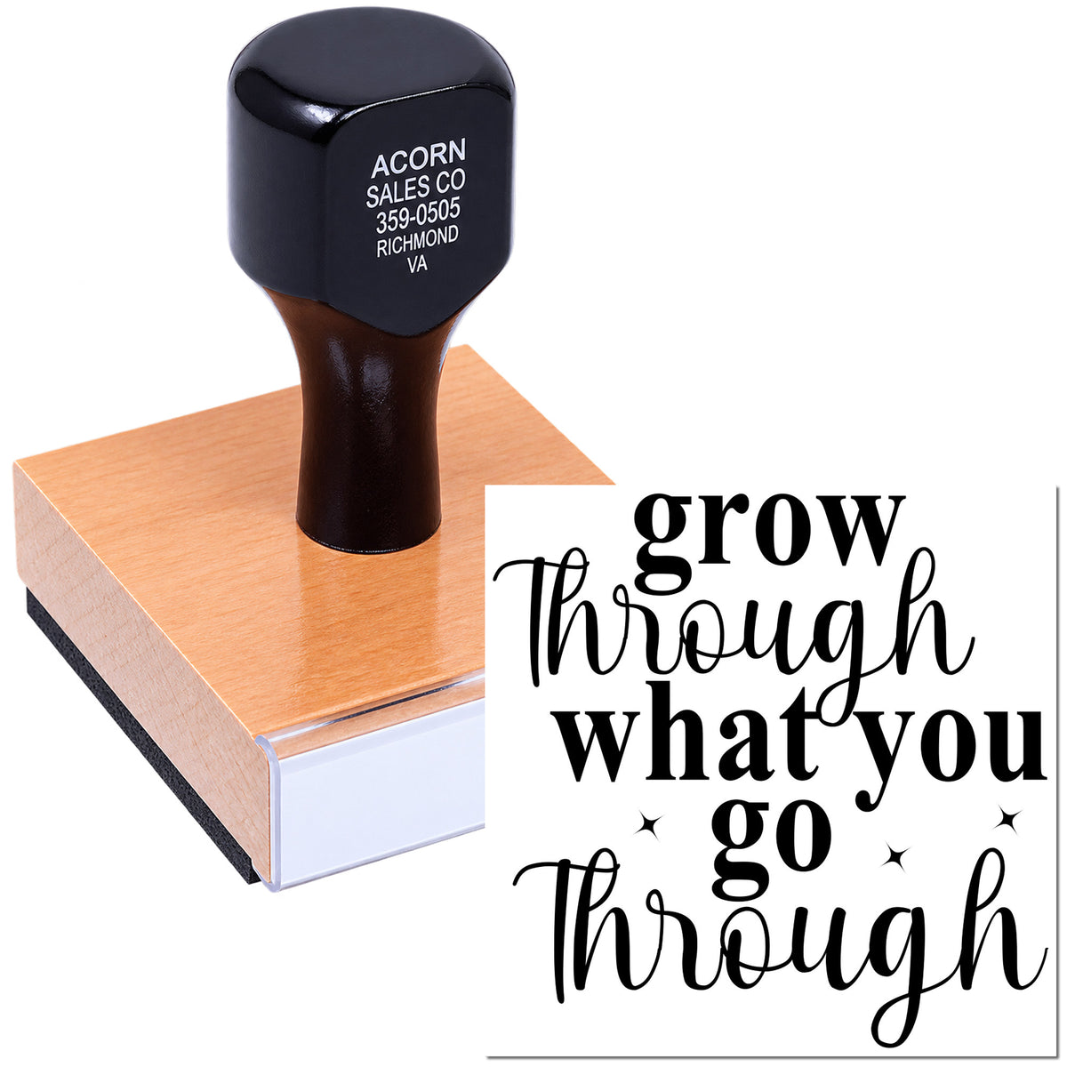 Custom rubber stamp with motivational quote Grow through what you go through for crafting, journaling, and handmade projects.