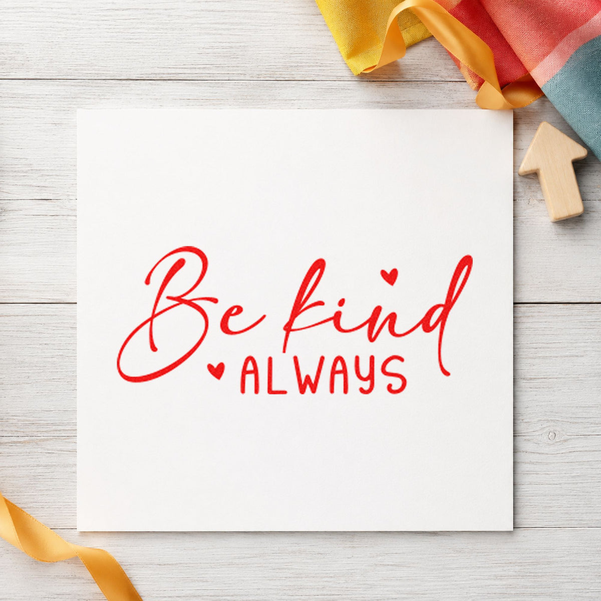 Be Kind Always Heart rubber stamp shown in red ink, stamped for projects such as bin genre labels.