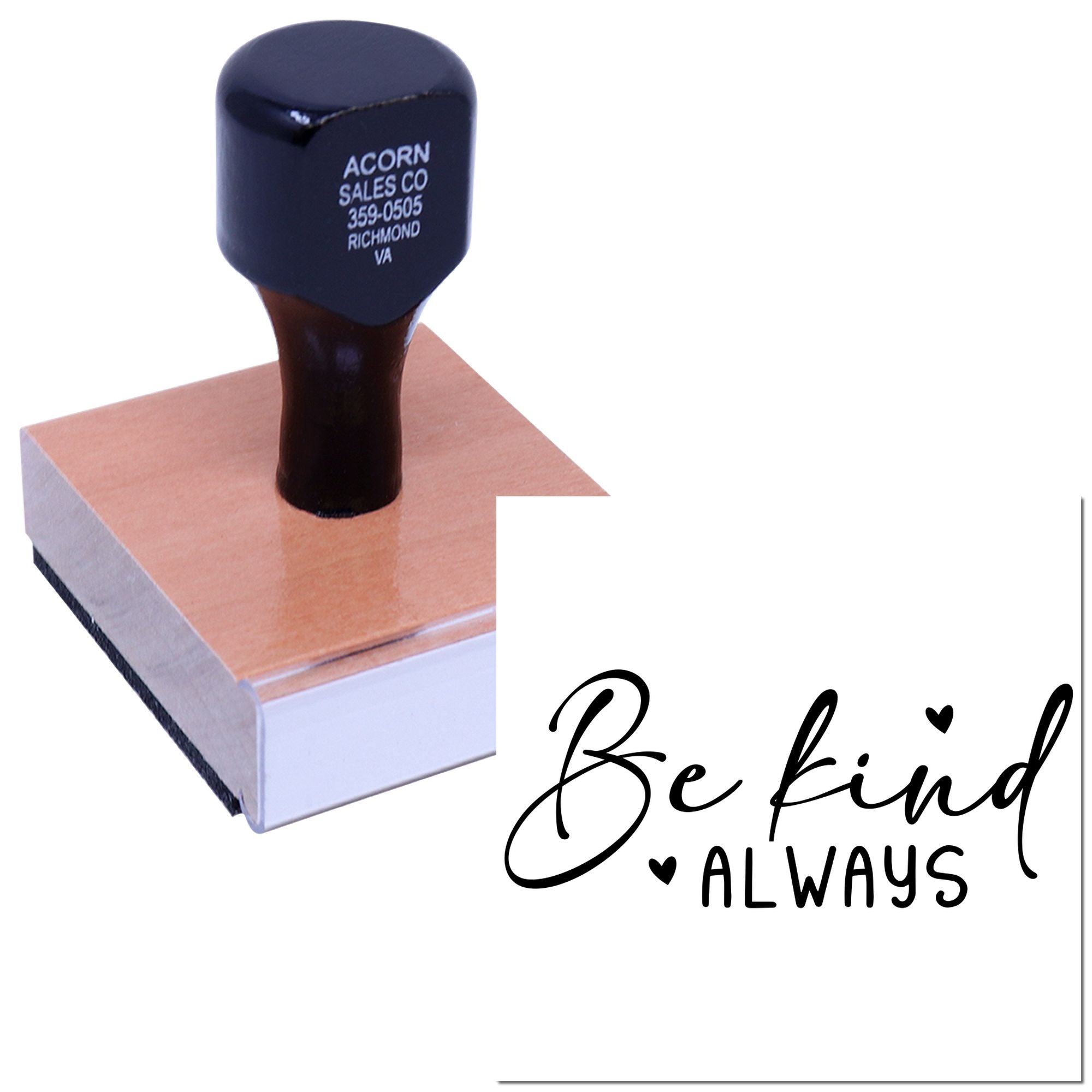 Custom rubber stamp with Be Kind Always design for inspirational crafts, packaging, and handmade business branding.