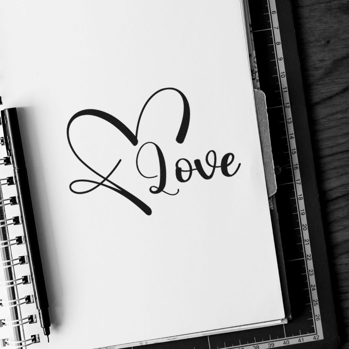 Love heart calligraphy rubber stamp design for handmade cards, journaling, scrapbooking, and romantic craft projects.