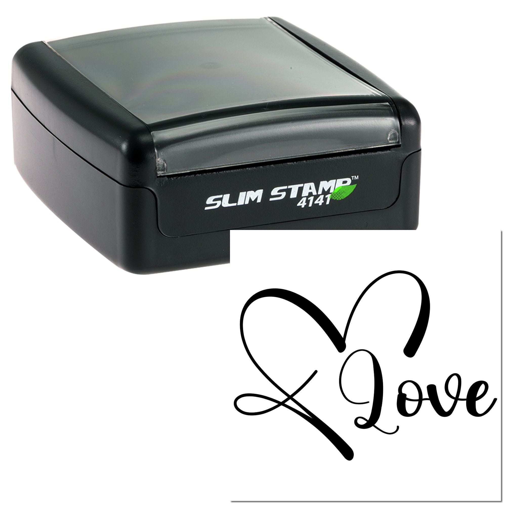 Slim Stamp 4141 self-inking rubber stamp with custom Love heart design for personalized crafting and stationery.