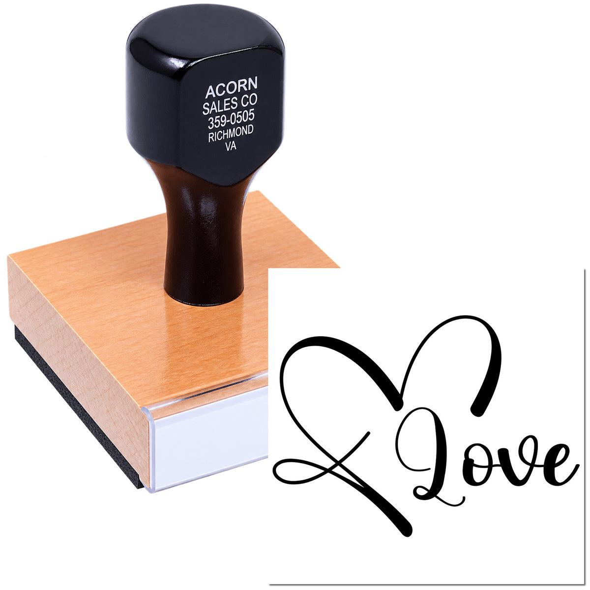 Self-inking rubber stamp with heart and Love design for wedding favors, crafts, and gift packaging.