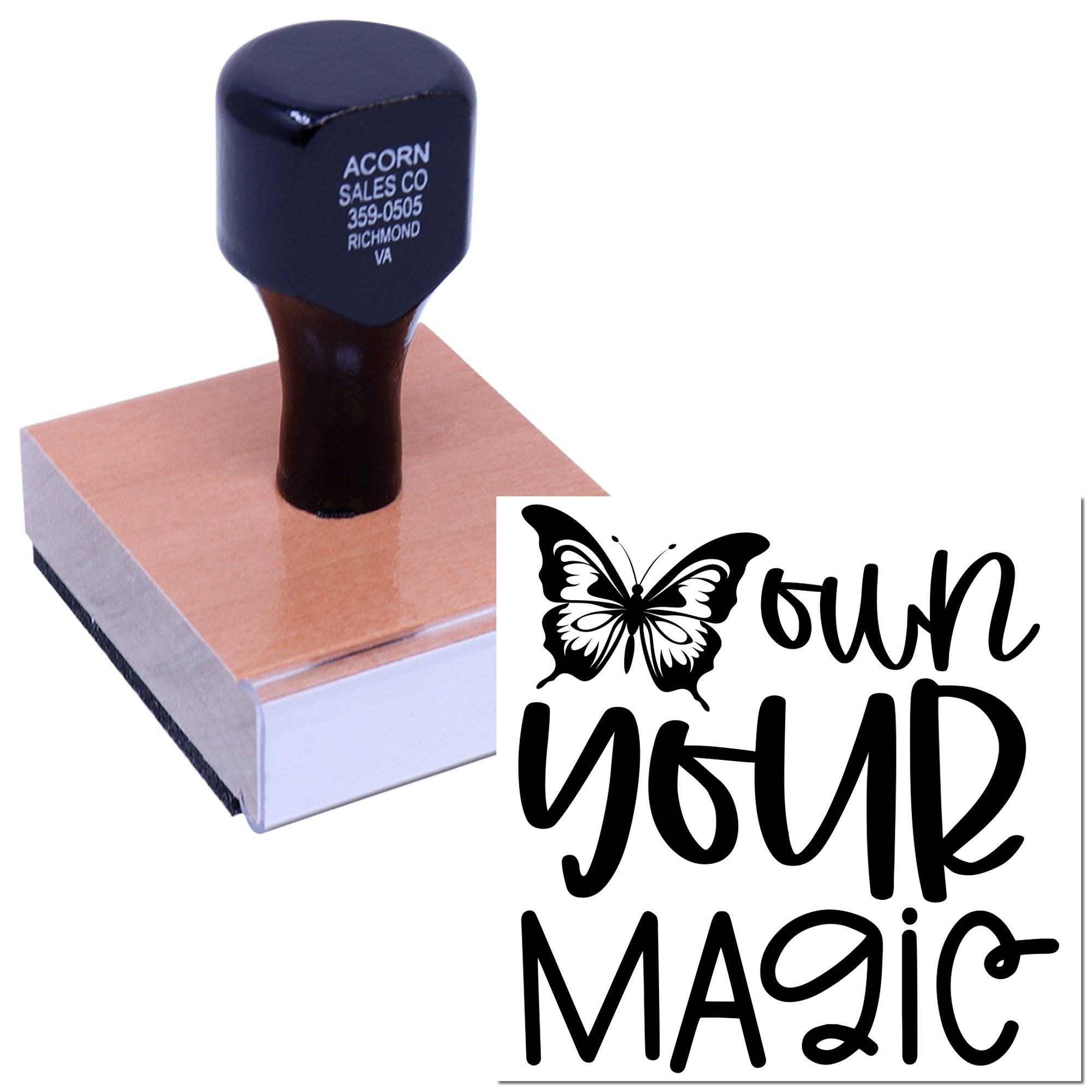 Custom rubber stamp with butterfly and Your Magic design for handmade branding, crafts, and packaging.