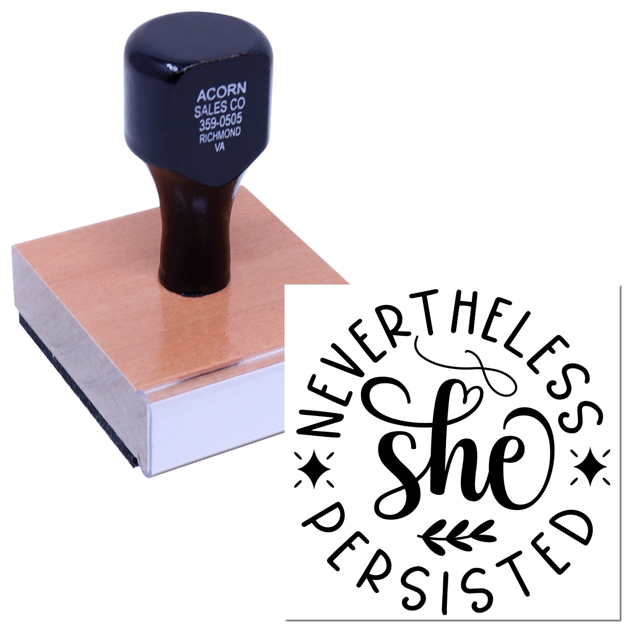 Custom rubber stamp featuring Nevertheless She Persisted design for motivational crafts, branding, and paper goods.