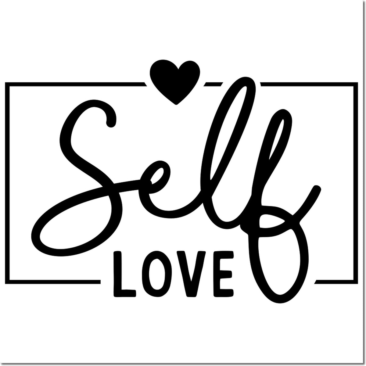 Self Love rubber stamp design with heart and bold script text in a decorative border.