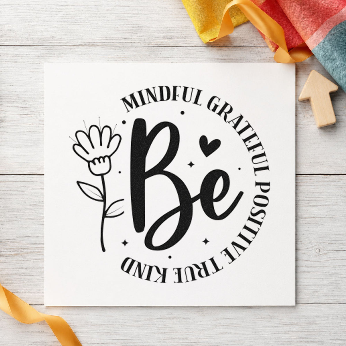 Be Mindful Grateful Positive craft stamp in black ink on cardstock, an easy option for mixing album page.