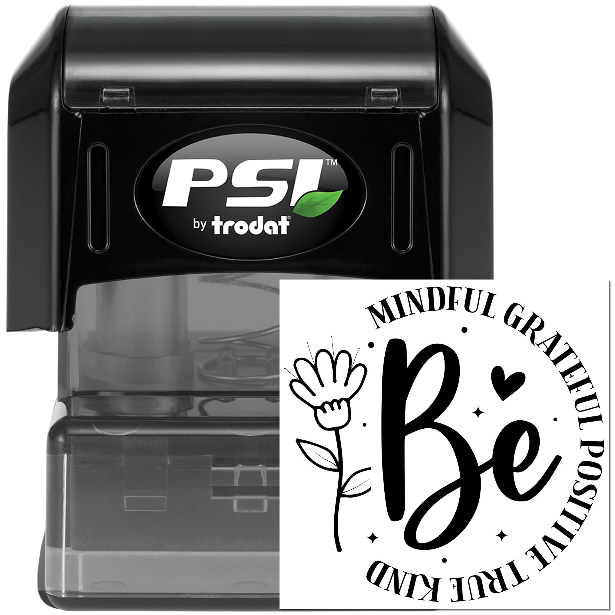 Custom self-inking rubber stamp by PSI Trodat with Be Kind inspirational design for personalized business or craft stamping