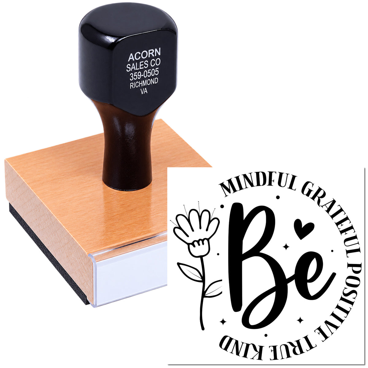 Custom rubber stamp with Be Mindful, Grateful, Positive, True, Kind design for motivational crafting and handmade branding.