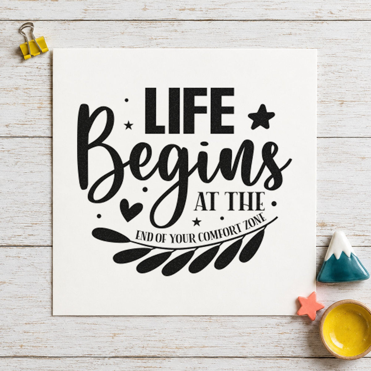 Life Begins Comfort Zone Leaves rubber stamp printed in black ink, ready for leafy branch cards and similar paper crafts.