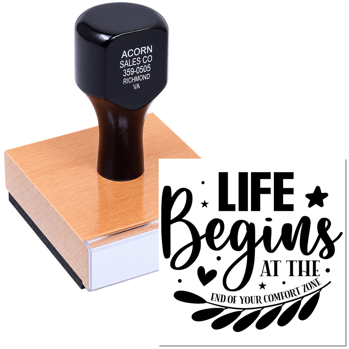 Self-inking rubber stamp with motivational quote, Life Begins at the End of Your Comfort Zone, for custom imprinting.