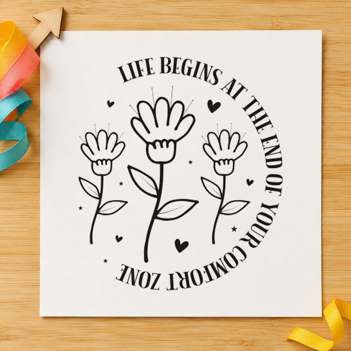 Life Begins Comfort Zone Flowers rubber stamp printed in black ink, ready for three flower cards and similar paper crafts.