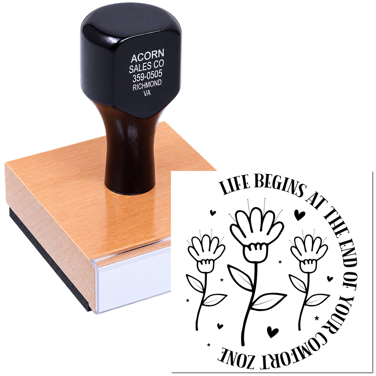 Motivational rubber stamp with floral quote design, Life begins at the end of your comfort zone, for handmade cards and crafts.