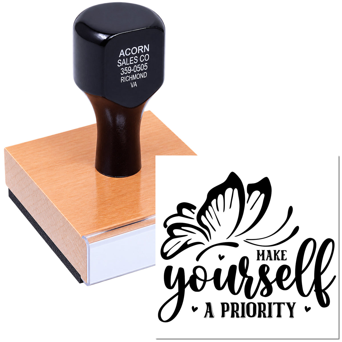 Self-care quote rubber stamp with butterfly design reading Make Yourself a Priority for crafts, cards, and journaling.