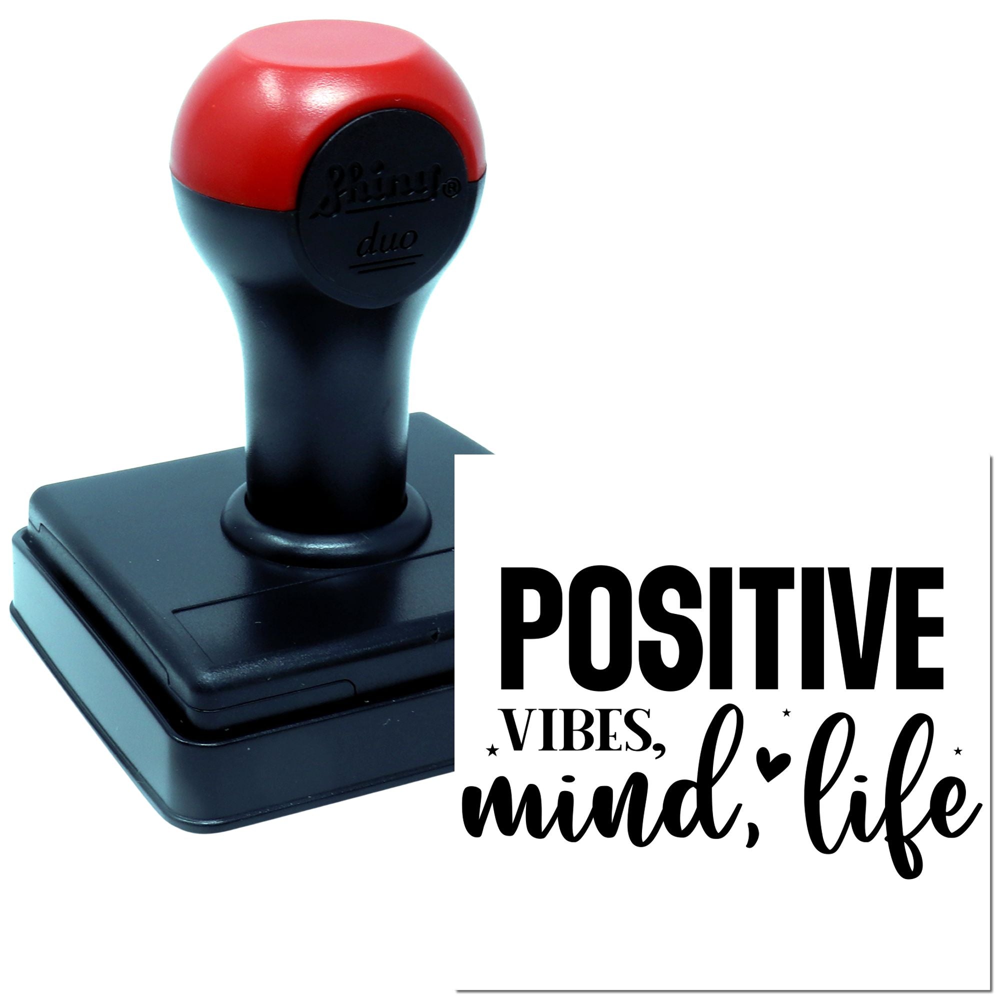 Self-inking custom rubber stamp with Positive Vibes design for motivational messages and craft projects.