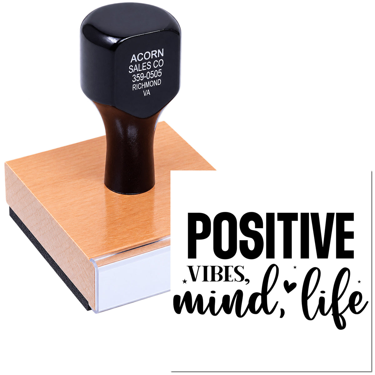 Custom rubber stamp with Positive Vibes, Mind, Life design for inspirational crafts, packaging, and business branding.
