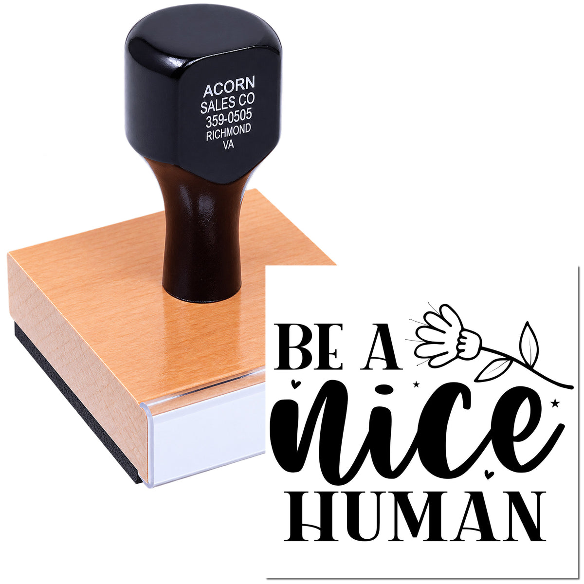 Custom rubber stamp showing Be a Nice Human design on a wooden block for handmade cards, packaging, and crafts.