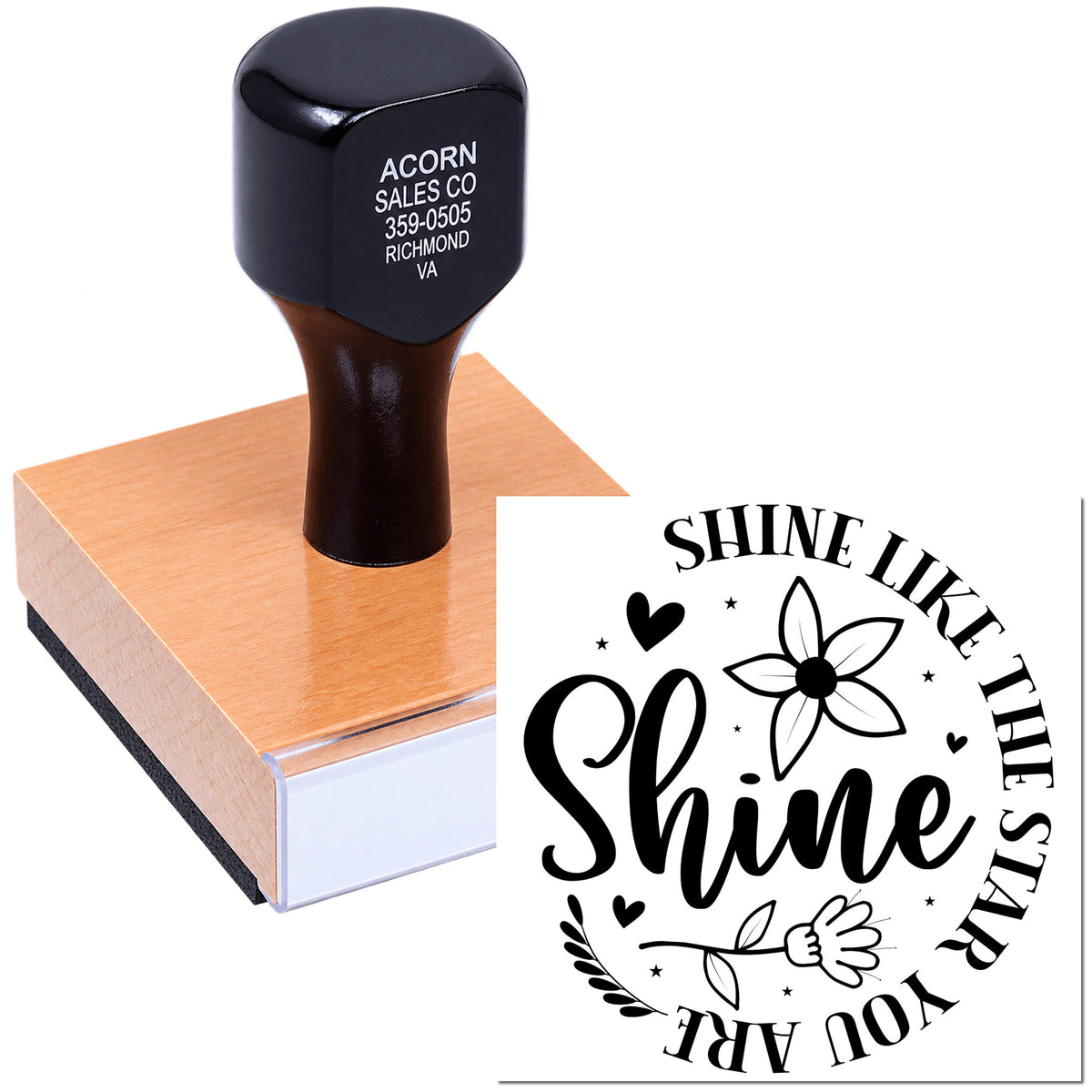 Mounted custom rubber stamp with Shine Like the Stars floral design for crafts, scrapbooking, and handmade branding.