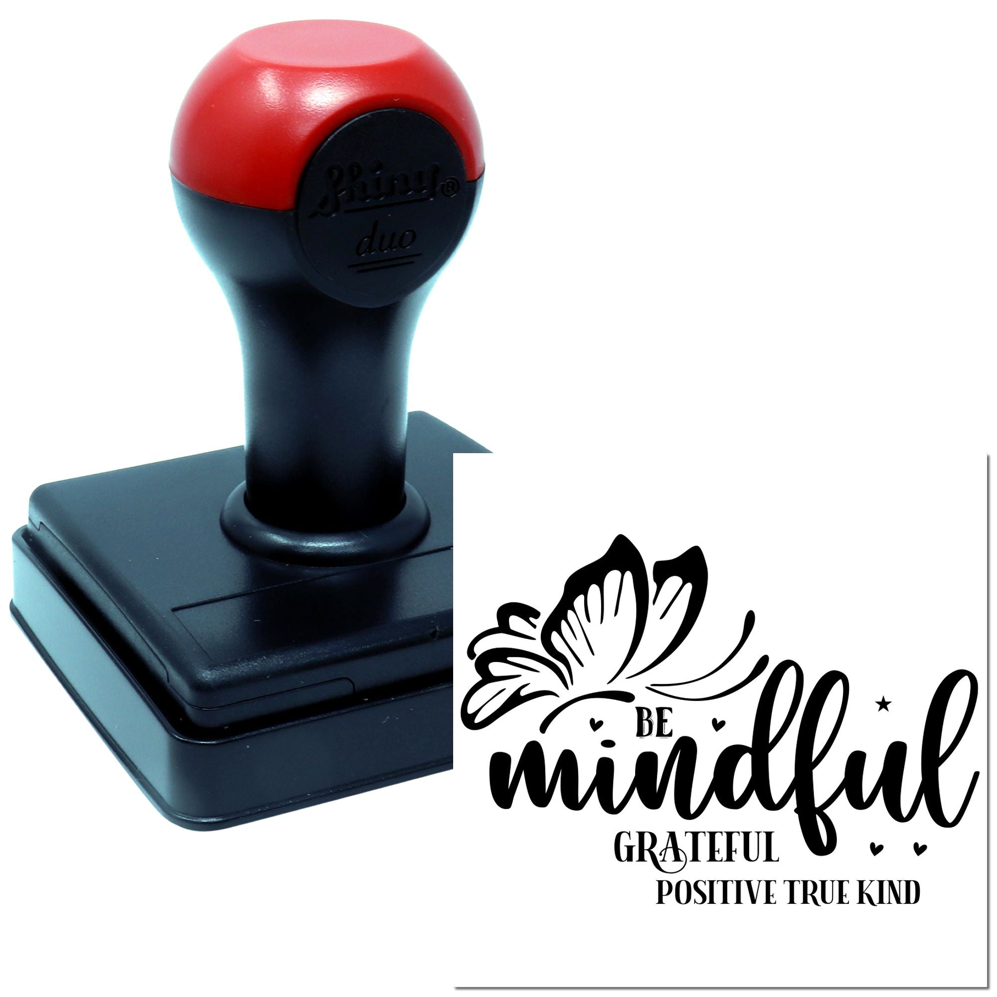 Self-inking rubber stamp with Be Mindful butterfly design and inspirational words: grateful, positive, true, kind.