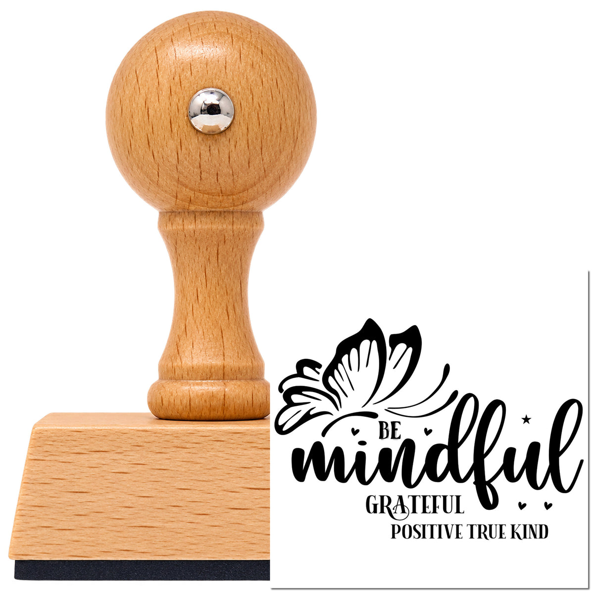 Be Mindful Butterfly Gratitude With Hearts Vintage Pro rubber stamp in European beech wood with a round knob handle, shown beside its black imprint.