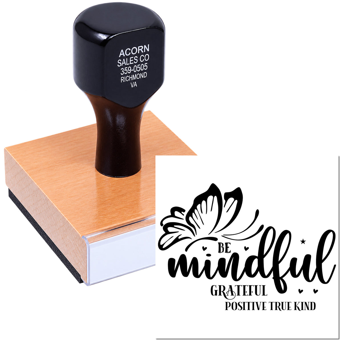 Custom wooden rubber stamp with Be Mindful butterfly quote design for inspirational crafting, journaling, and handmade projects.