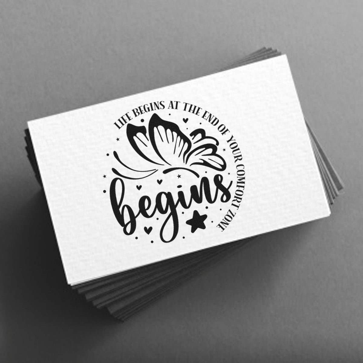 Inspirational butterfly rubber stamp with quote Life begins at the end of your comfort zone for cards and crafts.