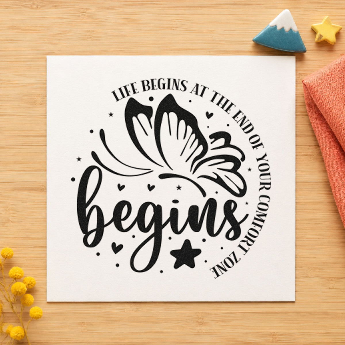 Life Begins Comfort Zone Butterfly rubber stamp printed in black ink, ready for curved butterfly cards and similar paper crafts.