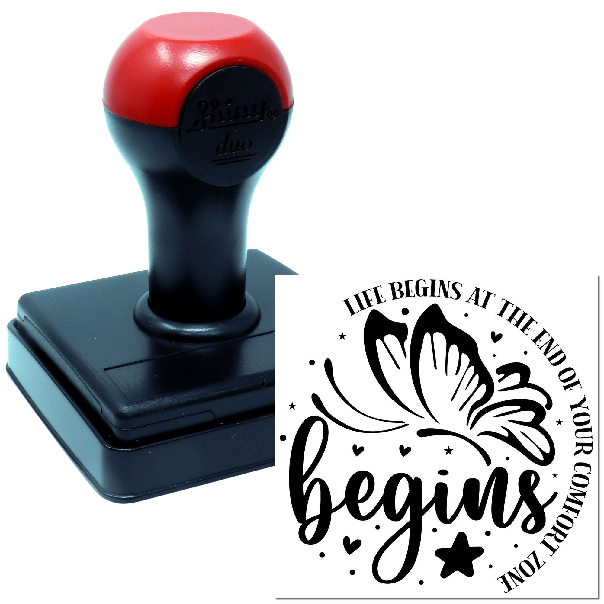 Custom self-inking rubber stamp with butterfly quote design reading Life begins at the end of your comfort zone.