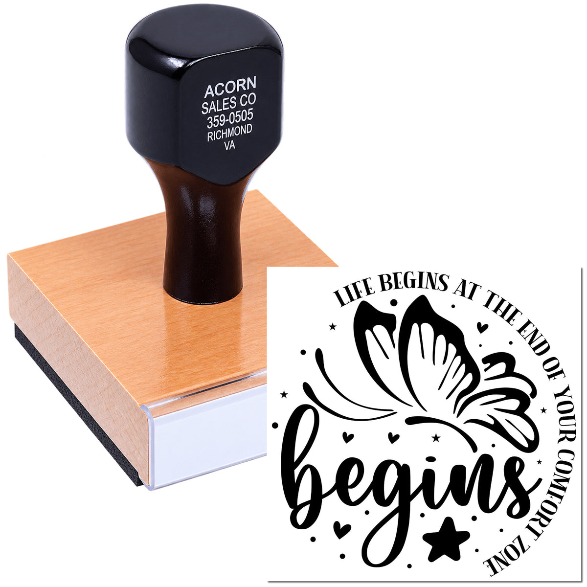 Custom rubber stamp with butterfly quote design, Life begins at the end of your comfort zone, for crafts and branding.