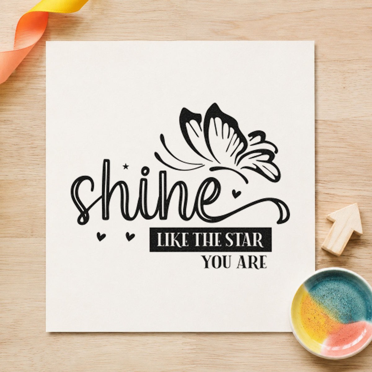 Shine Like Star Butterfly rubber stamp printed in black ink, ready for concert order sheet and similar paper crafts.