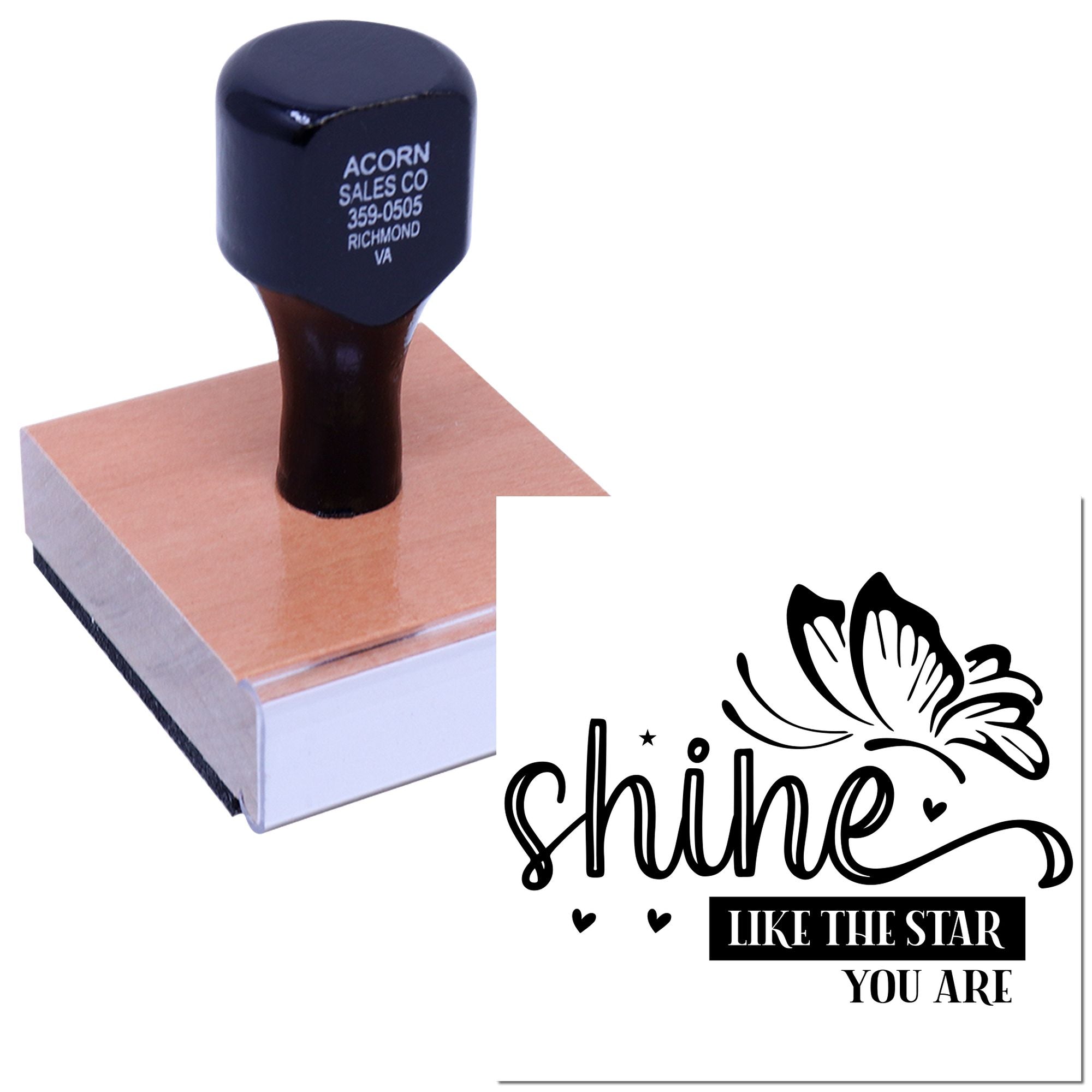 Custom inspirational rubber stamp with butterfly design and "Shine Like the Star You Are" message for crafts.