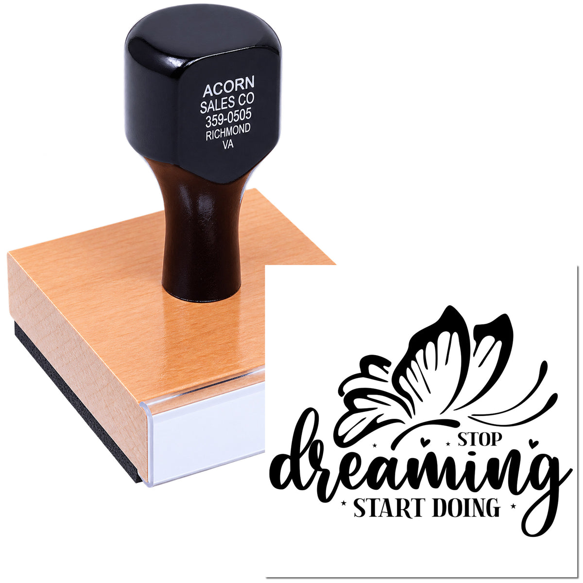 Custom rubber stamp with butterfly and motivational quote, Stop dreaming, start doing, for crafting and branding.