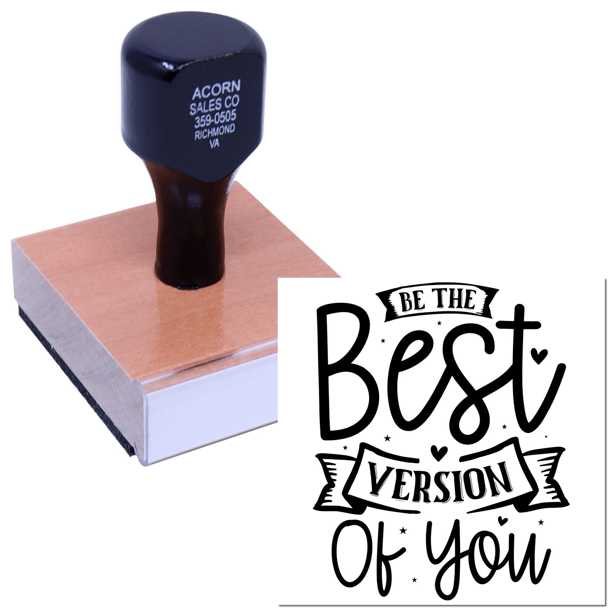 Custom rubber stamp with Be the Best Version of You quote for motivational branding, packaging, and crafts.