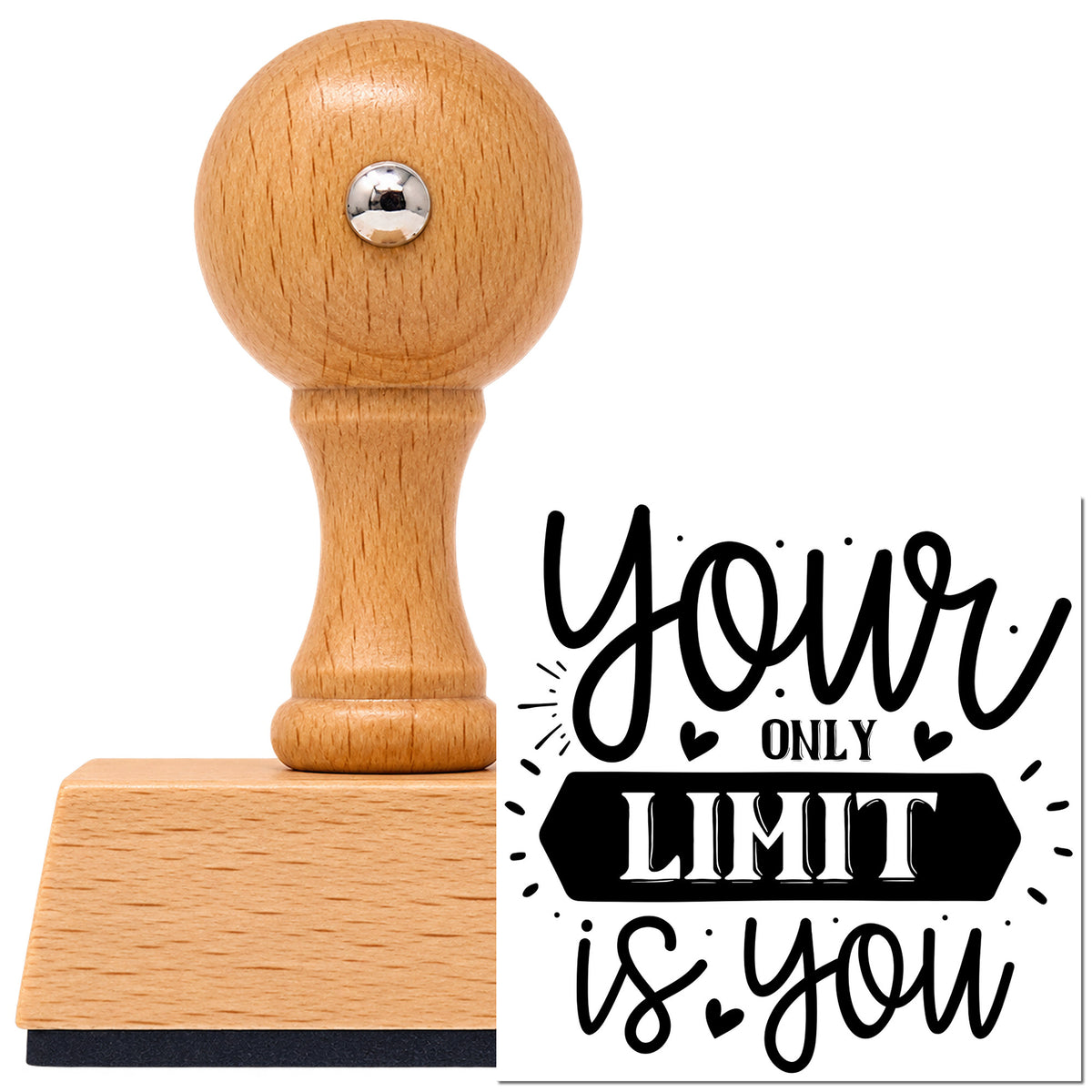 Your Only Limit Is You Vintage Pro rubber stamp in European beech wood with a round knob handle, shown beside its black imprint.