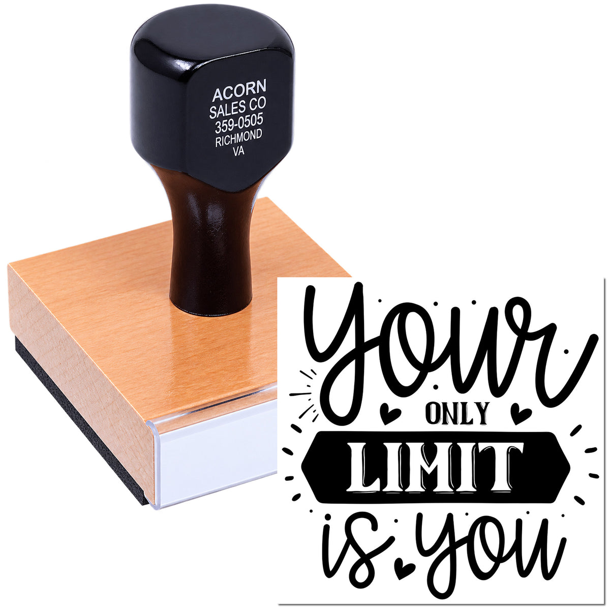Custom rubber stamp with Your Only Limit Is You motivational quote for DIY crafts, branding, and personalized stamping.
