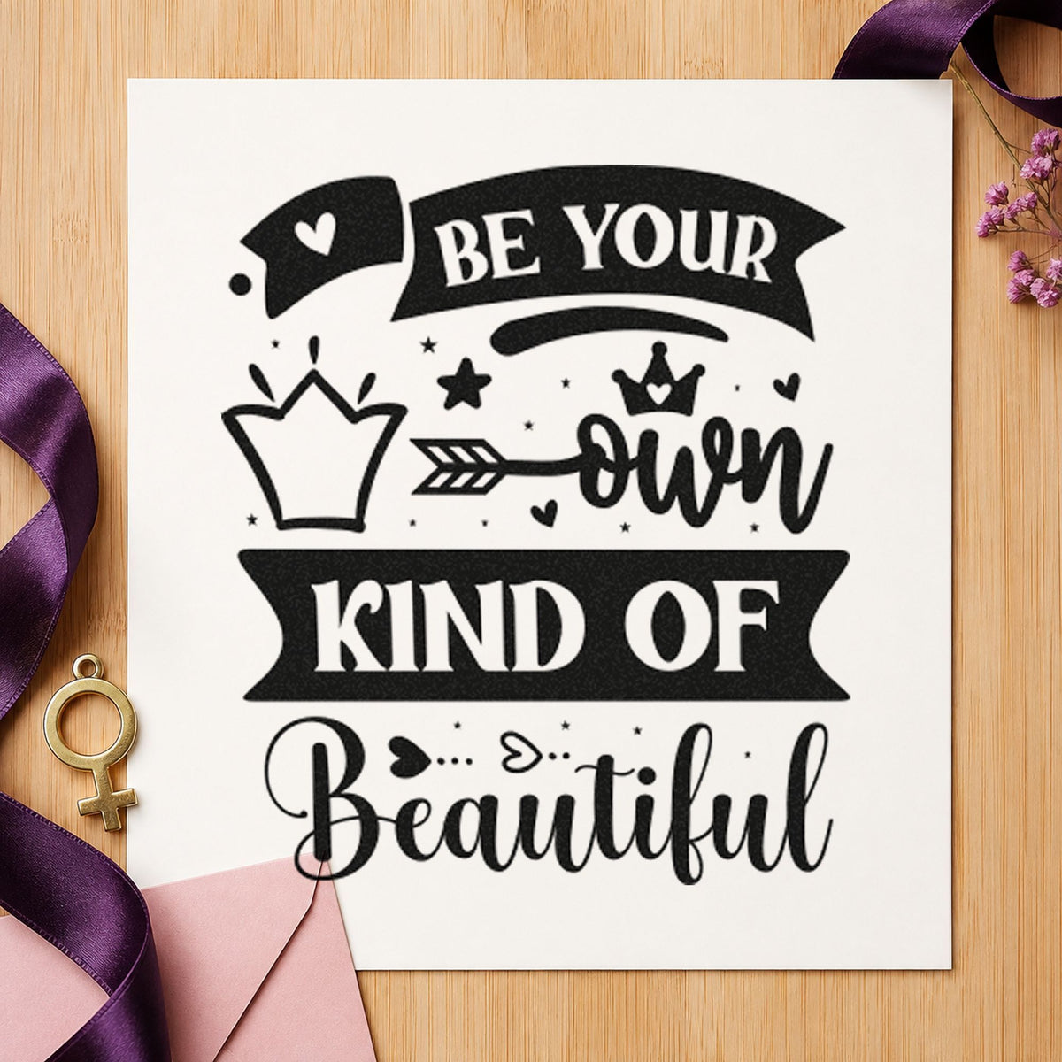 Your Own Kind Of Beautiful craft stamp imprint in black ink on a handmade project, one idea being garment gift tags.
