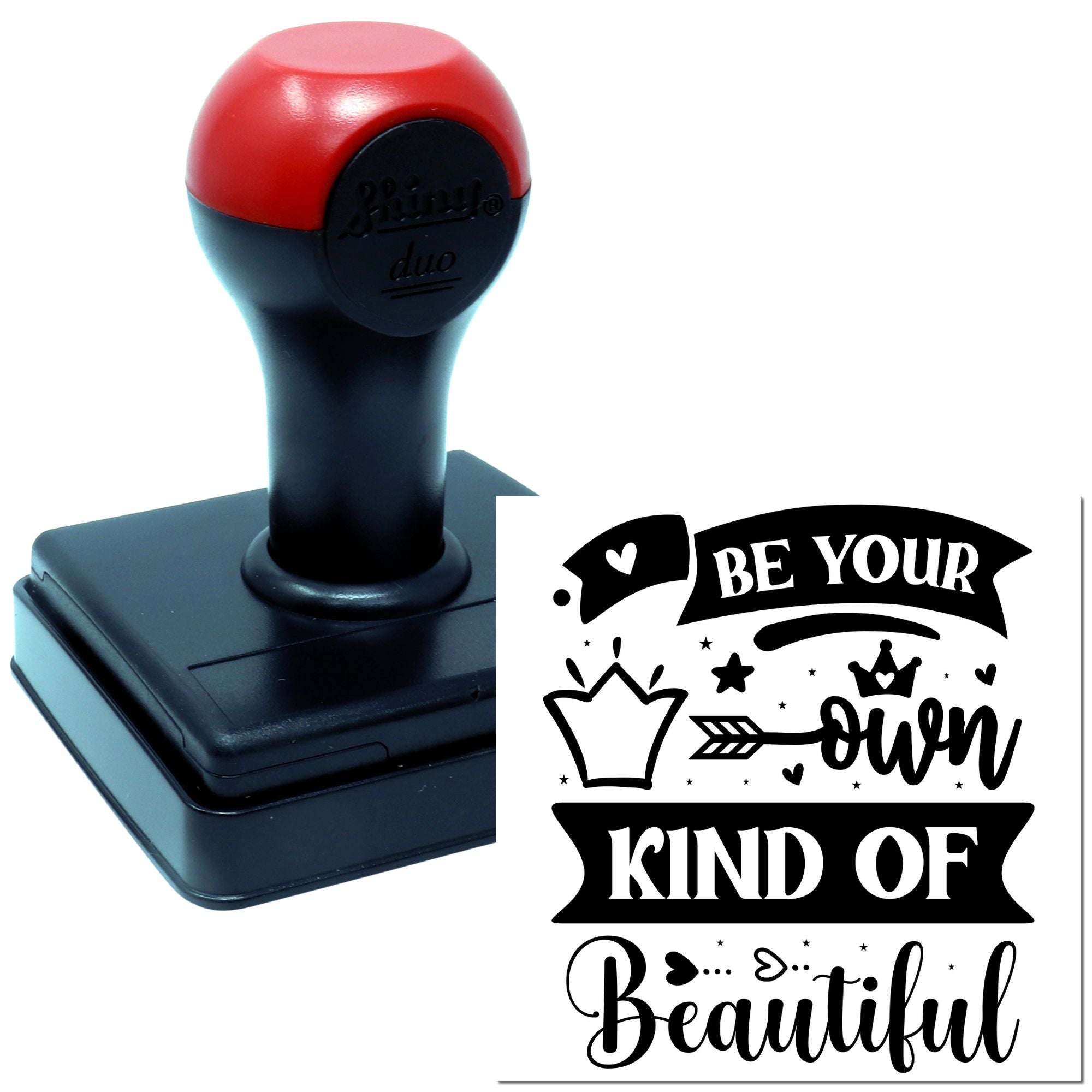 Custom self-inking rubber stamp with Be Your Own Kind of Beautiful quote for inspirational craft and stationery projects.