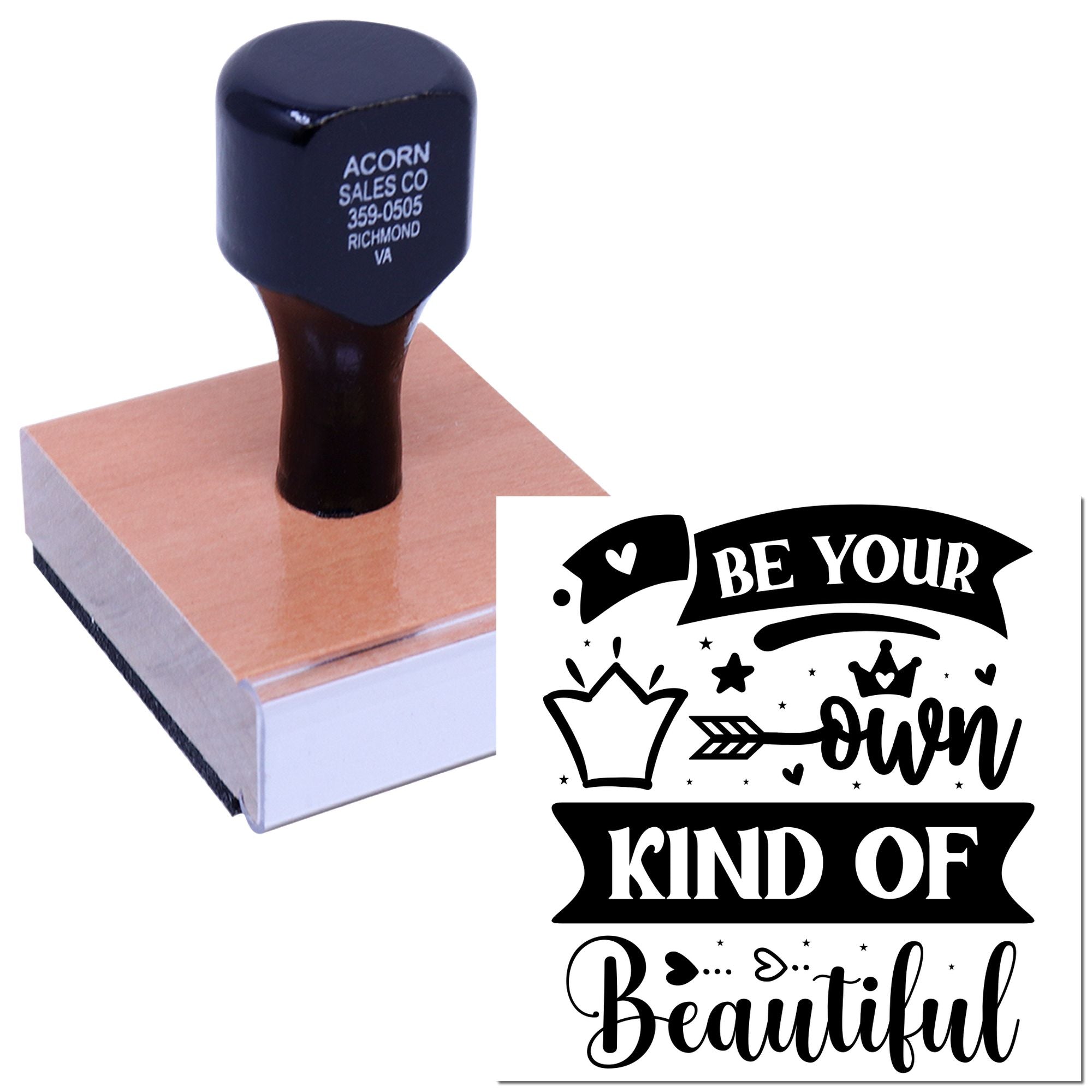 Custom rubber stamp with Be Your Own Kind of Beautiful design for DIY crafts, cards, and inspirational stationery.