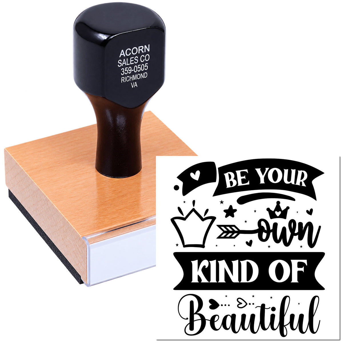 Custom rubber stamp with Be Your Own Kind of Beautiful design for DIY crafts, cards, and inspirational stationery.