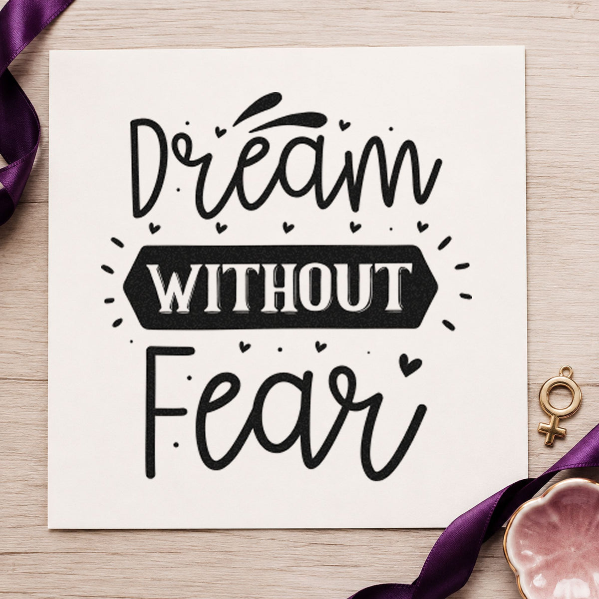 Dream Without Fear Heart Banner rubber stamp printed in black ink, ready for dark banner cards and similar paper crafts.