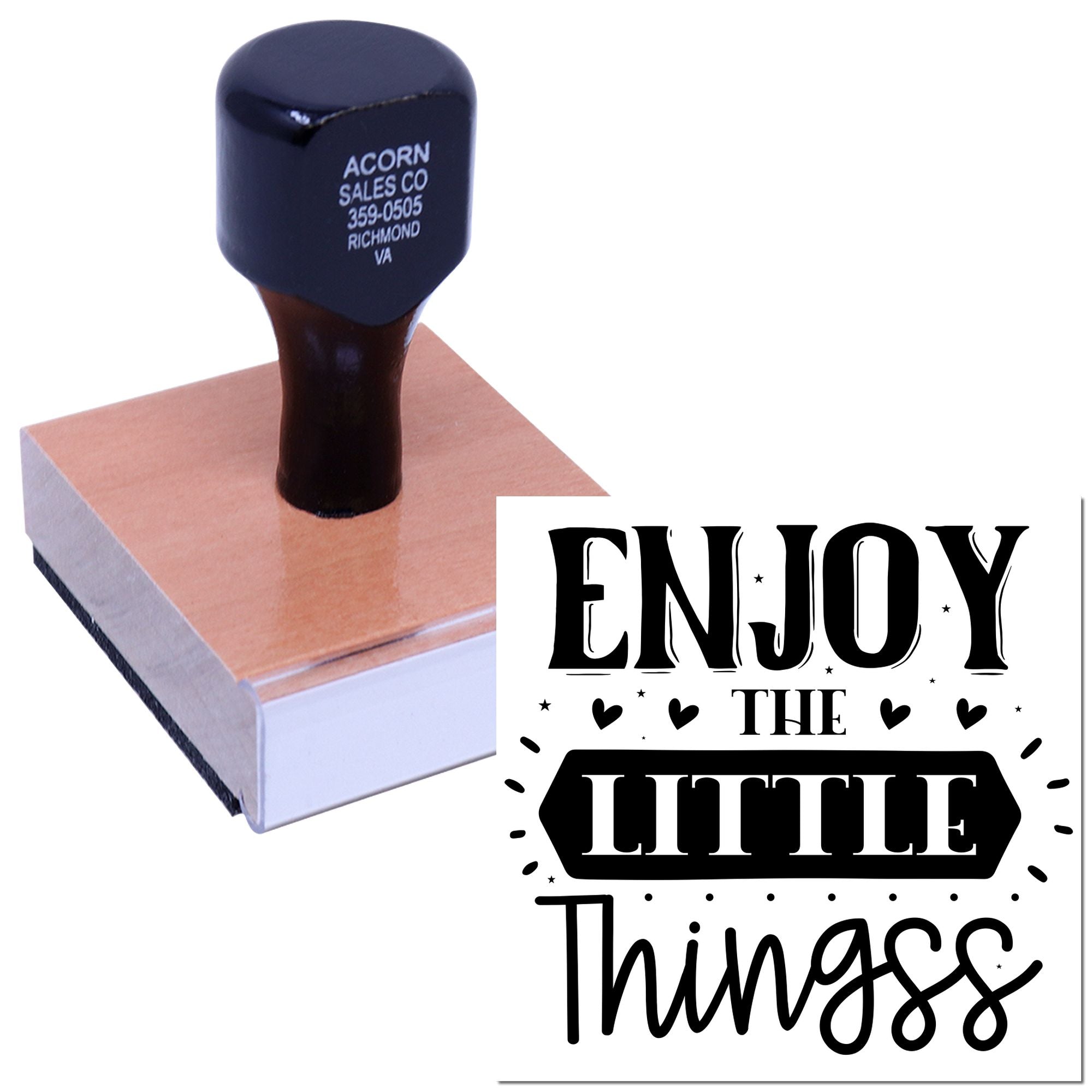 Custom rubber stamp with Enjoy the Little Things quote for handmade cards, packaging, and craft projects.