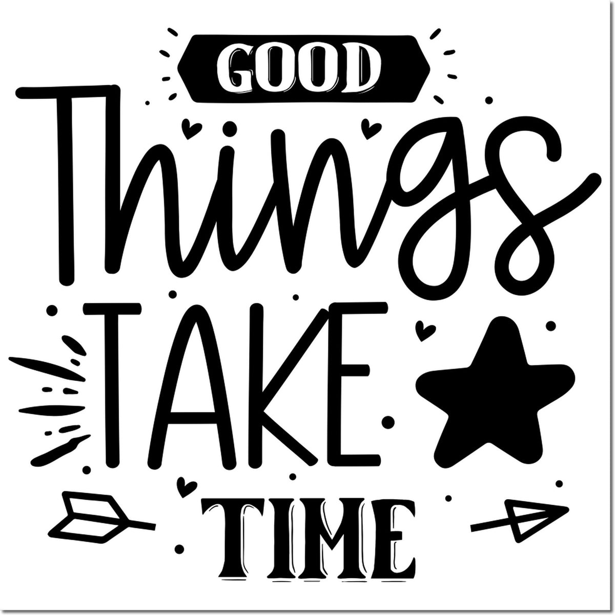 Good Things Take Time rubber stamp design with playful hearts, stars and paper planes for motivational crafting.