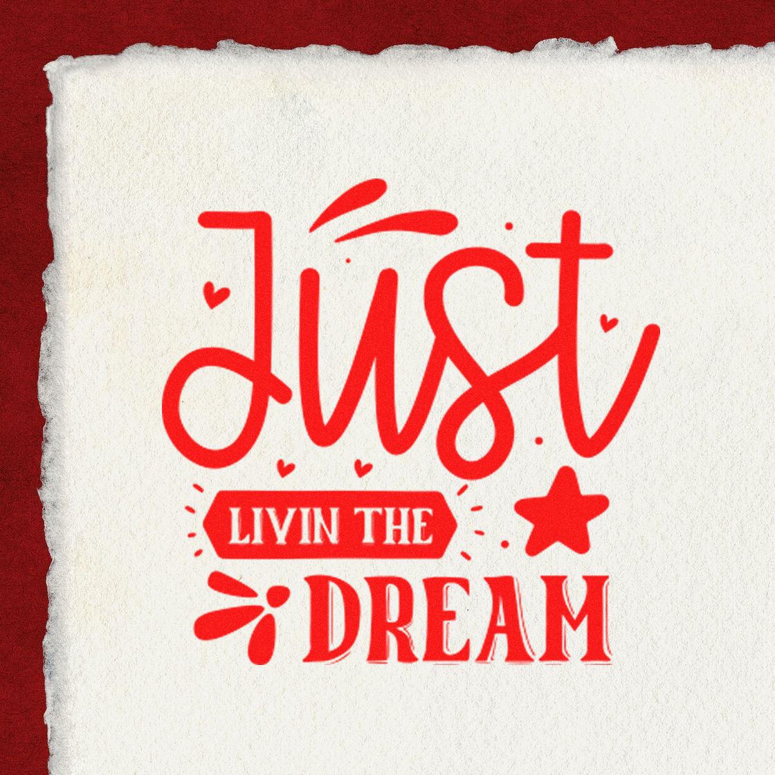 Red Just Livin the Dream custom rubber stamp design for crafts, scrapbooking, and DIY projects.