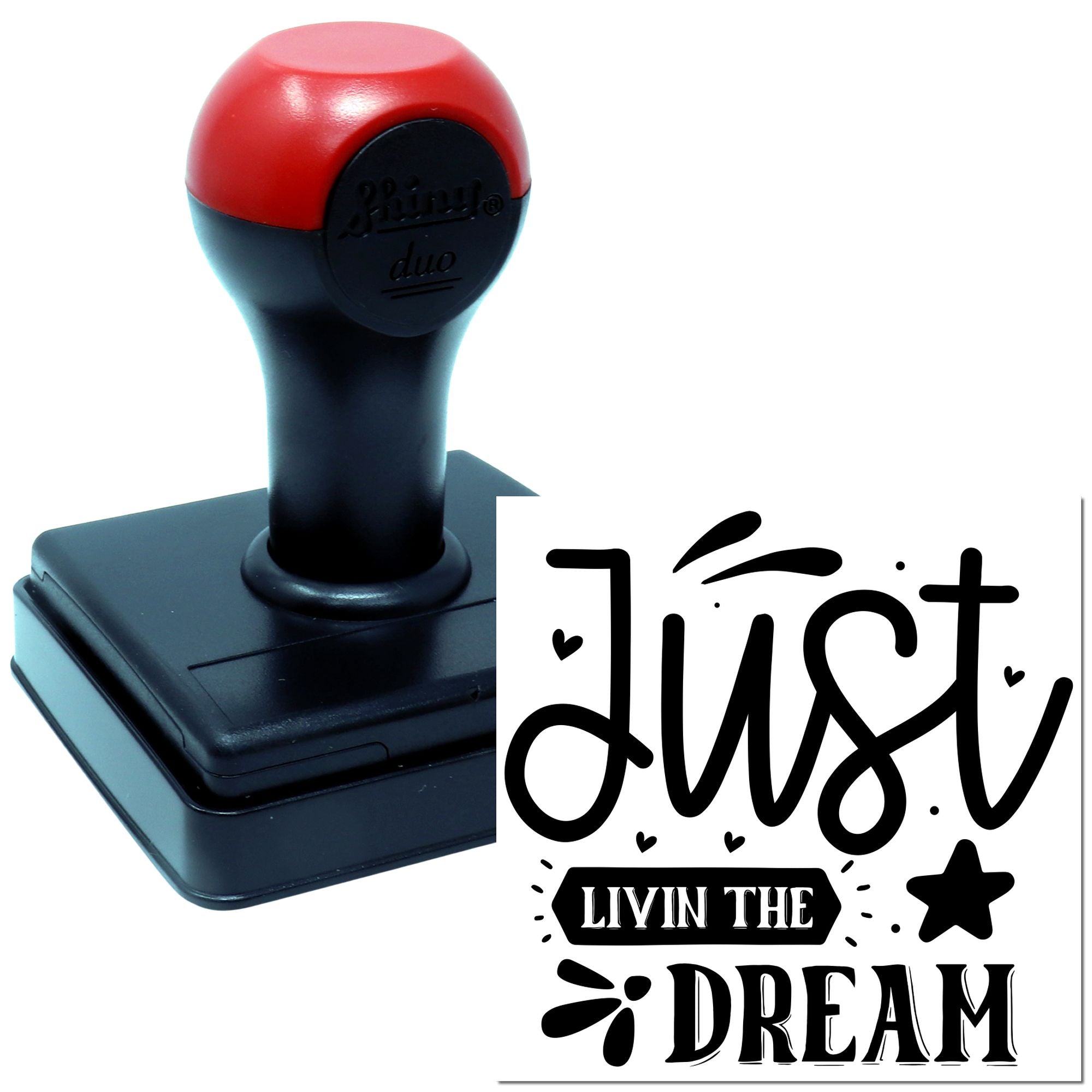 Custom self-inking rubber stamp with Just Livin the Dream design for crafting, packaging, or personal branding.