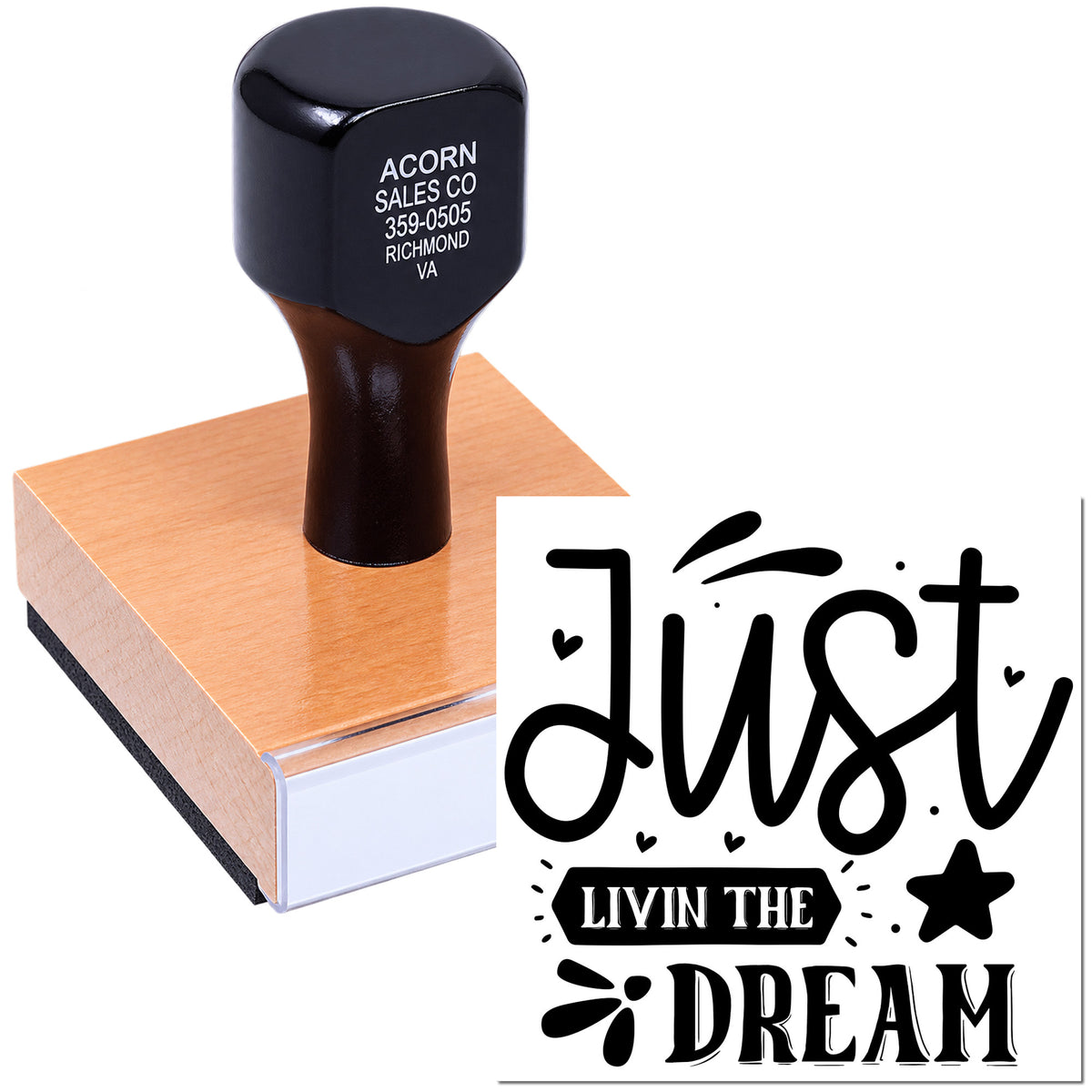 Custom rubber stamp with Just Livin the Dream design, perfect for personalized crafting and creative branding.