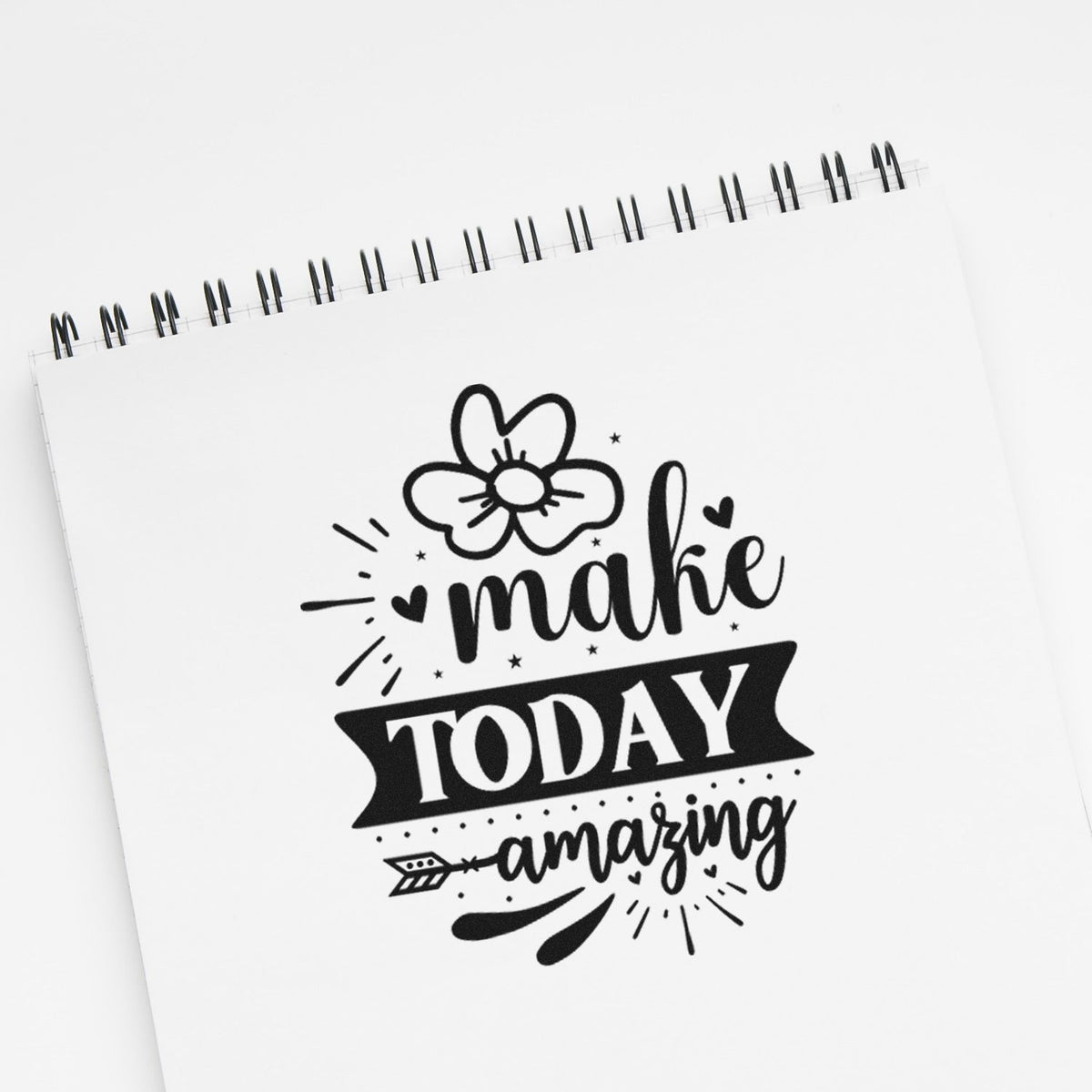 Motivational rubber stamp design with make today amazing lettering, floral doodles, and hearts for planners and crafts.