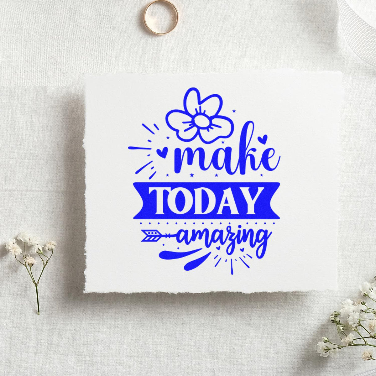 Make Today Amazing motivational rubber stamp with flower, hearts and arrow in bold blue