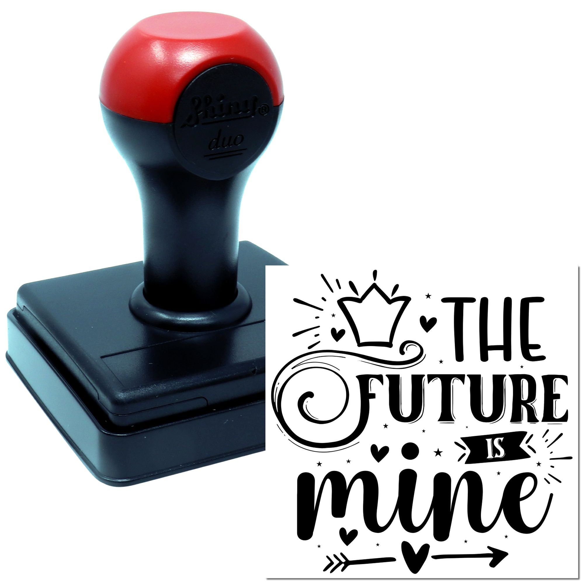 Custom self-inking rubber stamp featuring The Future Is Mine motivational design with crown, hearts, and arrows.