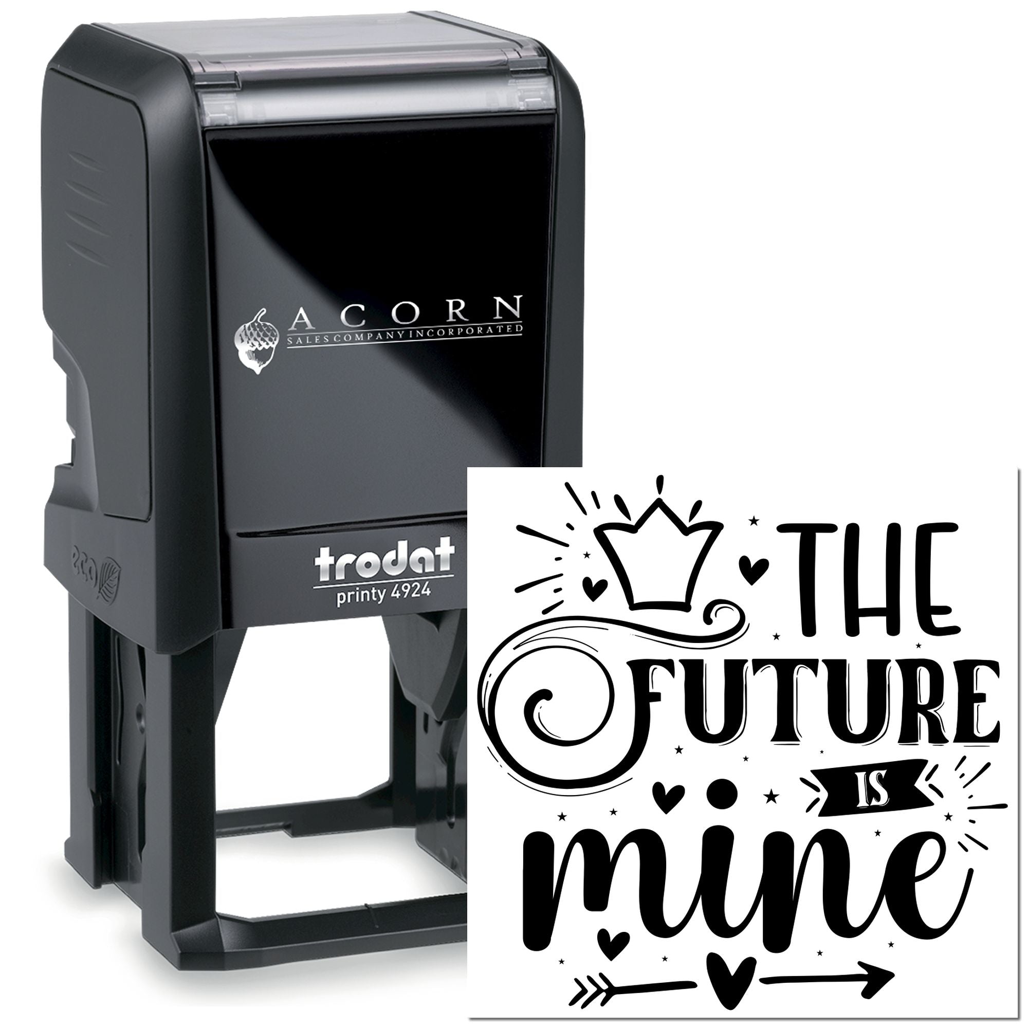 Trodat Printy 4924 self-inking rubber stamp with The future is mine custom design for motivational crafting and branding.