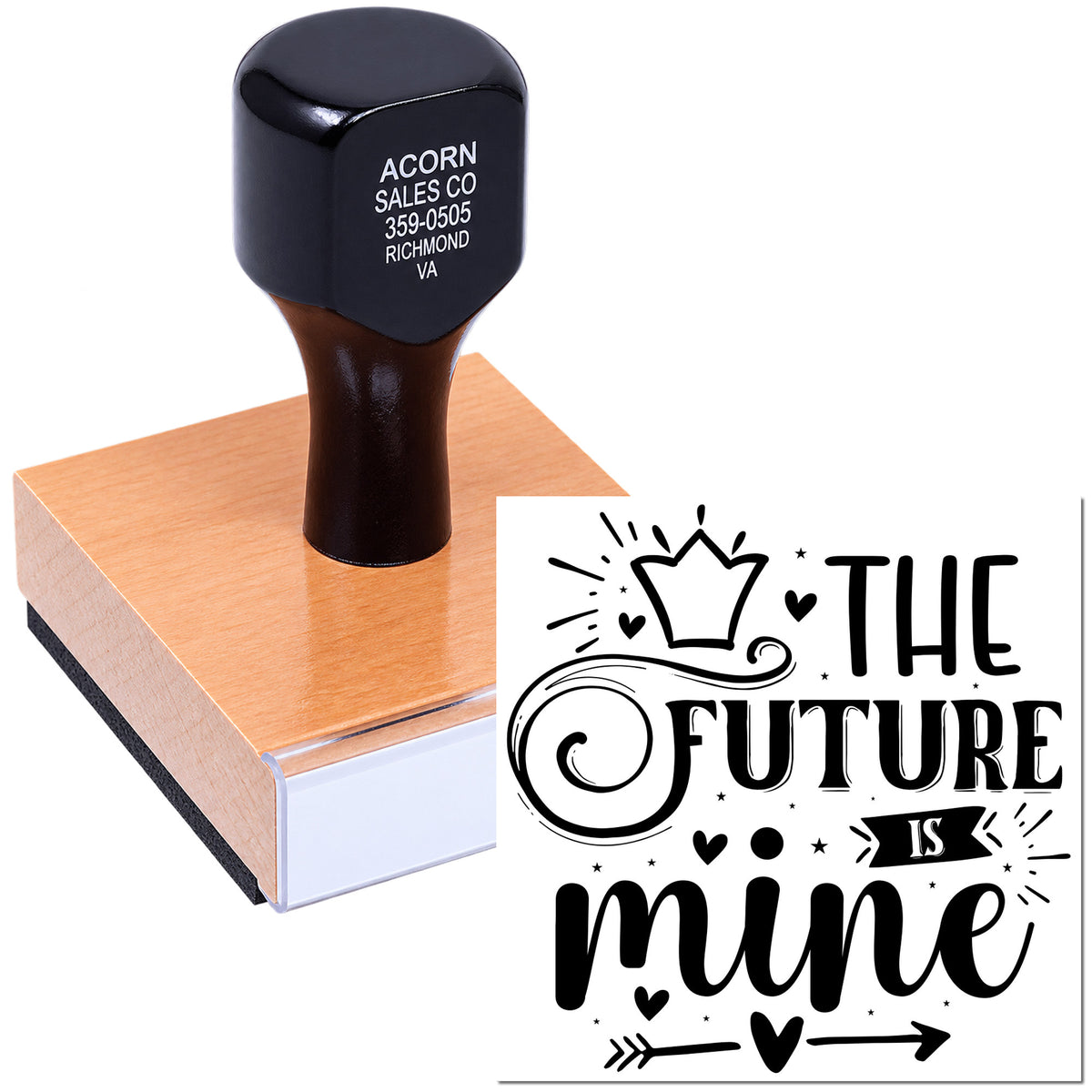 Custom rubber stamp featuring The Future Is Mine design, shown on a wooden block for inspirational crafting.